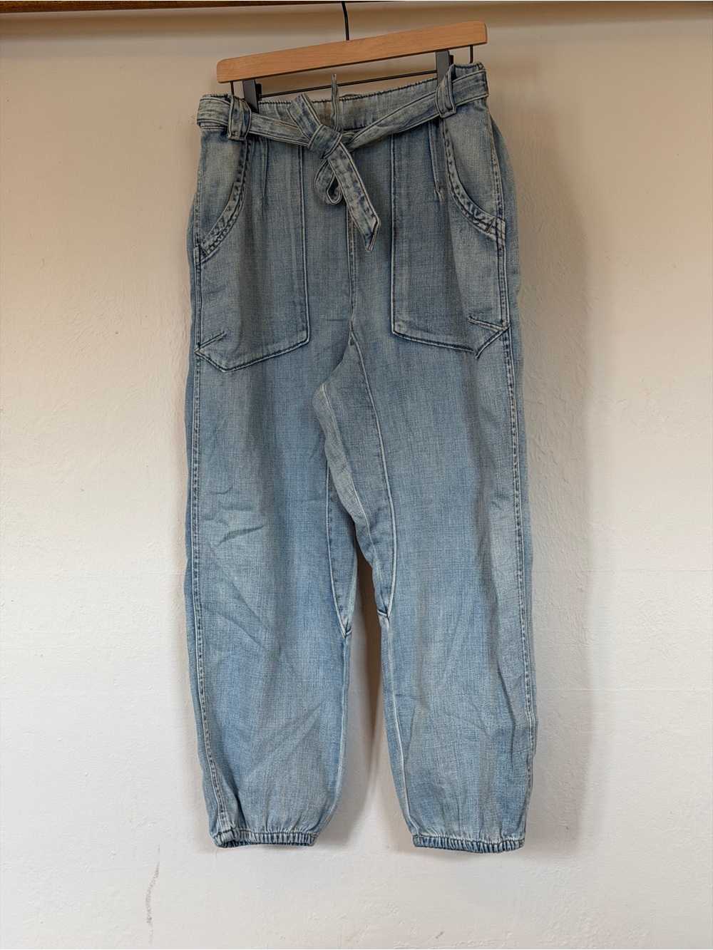 We The Free Light Blue Denim Jogger Pants with Tie Belt